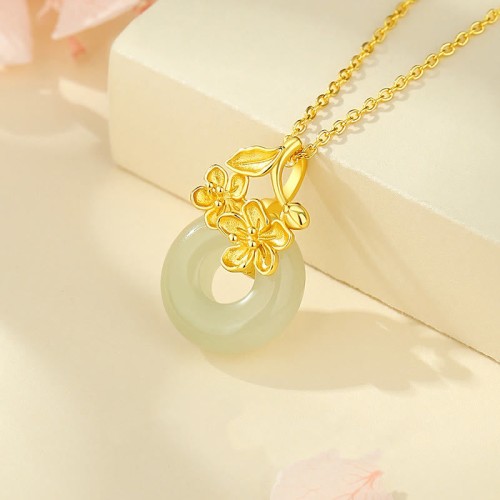 Hetian Jade Sterling Silver Peach Blossom Pendant Necklace