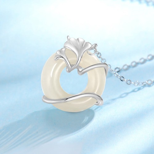 Hetian Jade Ginkgo Leaf Peace Necklace Pendant