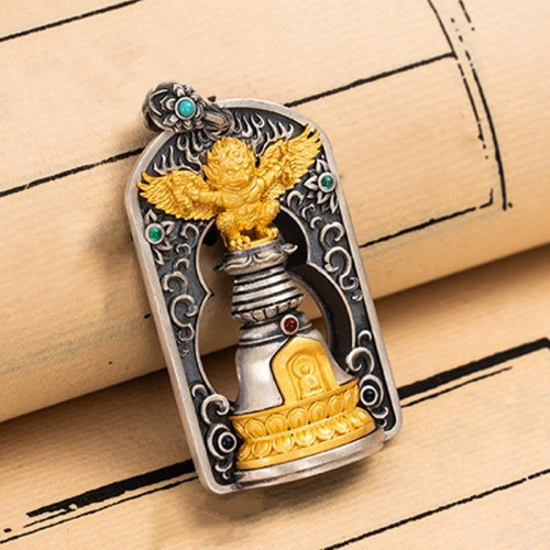 925 Silver Tibetan Garuda Vajra Bell Protection Necklace 925 Silver Tibetan Garuda Vajra Bell Protection Necklace