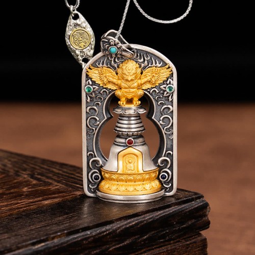 925 Silver Tibetan Garuda Vajra Bell Protection Necklace 925 Silver Tibetan Garuda Vajra Bell Protection Necklace