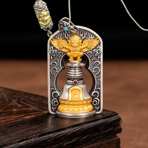 925 Silver Tibetan Garuda Vajra Bell Protection Necklace 925 Silver Tibetan Garuda Vajra Bell Protection Necklace