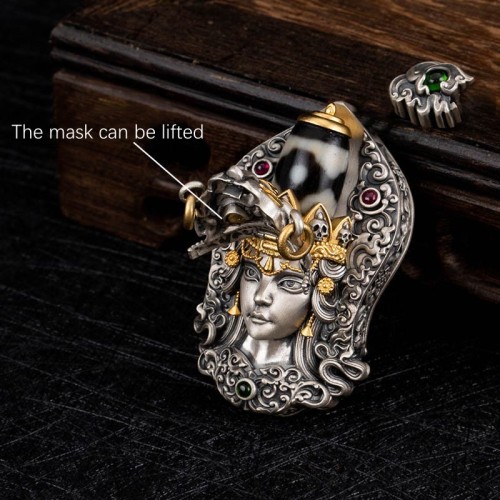 925 Silver Zakiram Goddess of Wealth Dzi Bead Necklace 925 Silver Zakiram Goddess of Wealth Dzi Bead Necklace