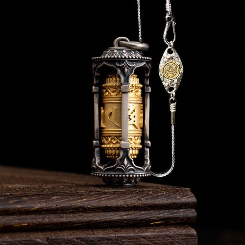Silver Tibetan Prayer Wheel Wisdom Pendant