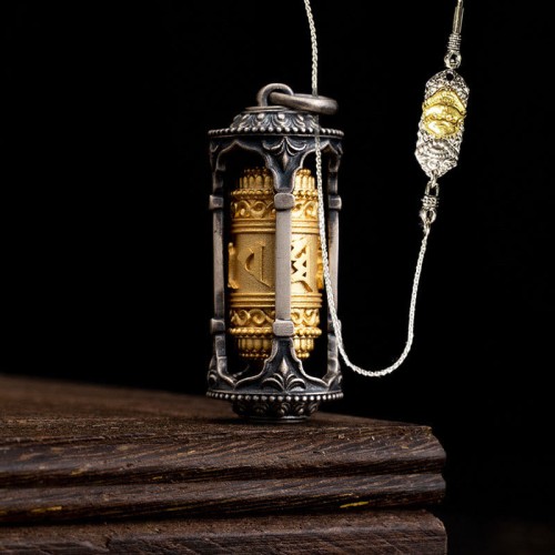 Silver Tibetan Prayer Wheel Wisdom Pendant