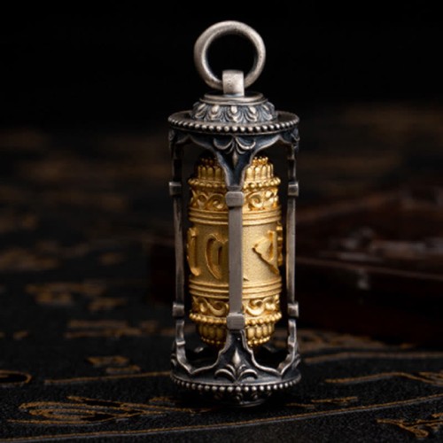 Silver Tibetan Prayer Wheel Wisdom Pendant