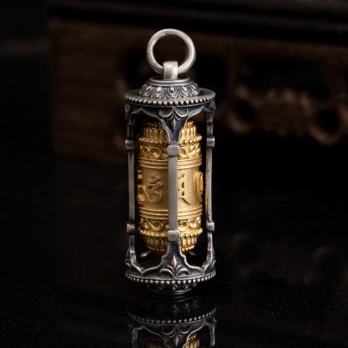 Silver Tibetan Prayer Wheel Wisdom Pendant