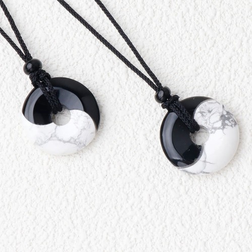 Black Obsidian White Turquoise Yin Yang Strength Necklace Black Obsidian White Turquoise Yin Yang Strength Necklace