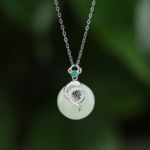 925 Silver Fu Character Hetian Jade Snake Luck Necklace 925 Silver Fu Character Hetian Jade Snake Luck Necklace