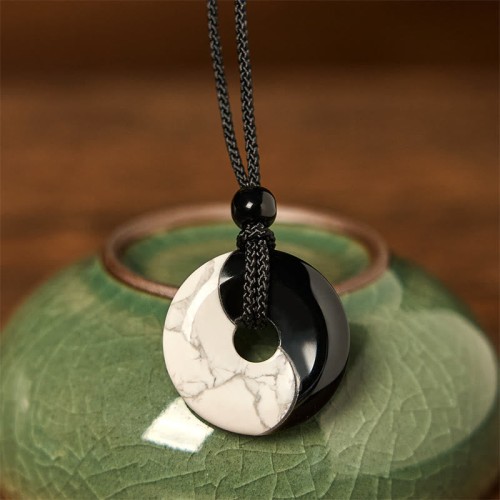 Black Obsidian White Turquoise Yin Yang Strength Necklace Black Obsidian White Turquoise Yin Yang Strength Necklace