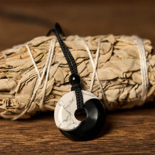Black Obsidian White Turquoise Yin Yang Strength Necklace Black Obsidian White Turquoise Yin Yang Strength Necklace