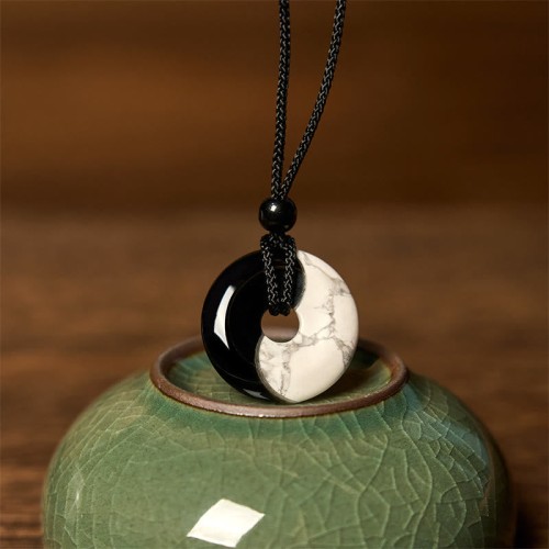 Black Obsidian White Turquoise Yin Yang Strength Necklace Black Obsidian White Turquoise Yin Yang Strength Necklace