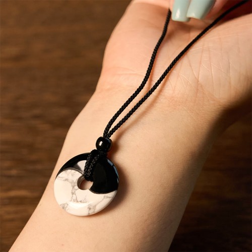 Black Obsidian White Turquoise Yin Yang Strength Necklace Black Obsidian White Turquoise Yin Yang Strength Necklace