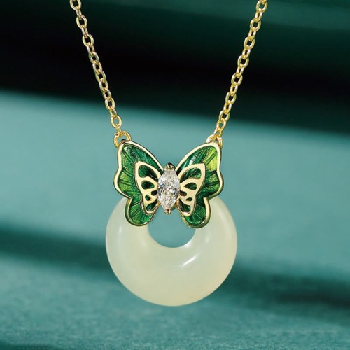 925 Silver Hetian Jade Butterfly Zircon Luck Necklace 925 Silver Hetian Jade Butterfly Zircon Luck Necklace