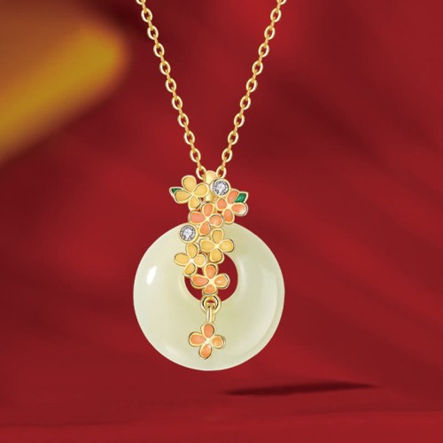 Hetian Jade Osmanthus Peace Buckle Zircon Luck Necklace Hetian Jade Osmanthus Peace Buckle Zircon Luck Necklace