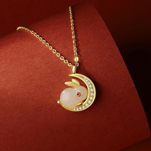 925 Silver Hetian White Jade Rabbit Crescent Moon Luck Pendant 925 Silver Hetian White Jade Rabbit Crescent Moon Luck Pendant