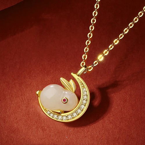 925 Silver Hetian White Jade Rabbit Crescent Moon Luck Pendant 925 Silver Hetian White Jade Rabbit Crescent Moon Luck Pendant