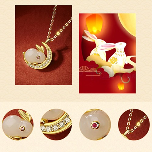 925 Silver Hetian White Jade Rabbit Crescent Moon Luck Pendant 925 Silver Hetian White Jade Rabbit Crescent Moon Luck Pendant