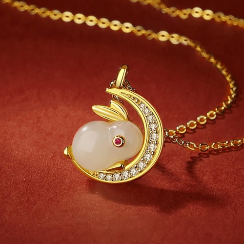 925 Silver Hetian White Jade Rabbit Crescent Moon Luck Pendant 925 Silver Hetian White Jade Rabbit Crescent Moon Luck Pendant
