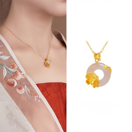 Sterling Silver White Chalcedony Peach Blossom Butterfly Necklace Pendant