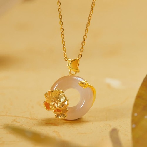 Sterling Silver White Chalcedony Peach Blossom Butterfly Necklace Pendant