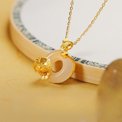 Sterling Silver White Chalcedony Peach Blossom Butterfly Necklace Pendant