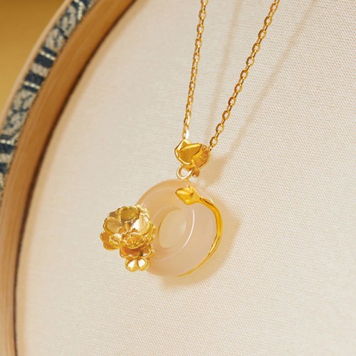 Sterling Silver White Chalcedony Peach Blossom Butterfly Necklace Pendant
