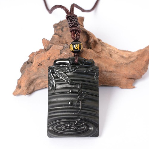 Black Obsidian Bamboo Fulfillment Necklace Pendant Black Obsidian Bamboo Fulfillment Necklace Pendant