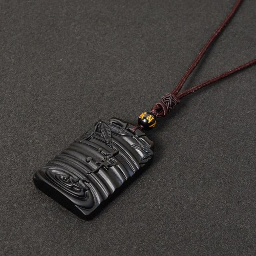 Black Obsidian Bamboo Fulfillment Necklace Pendant Black Obsidian Bamboo Fulfillment Necklace Pendant
