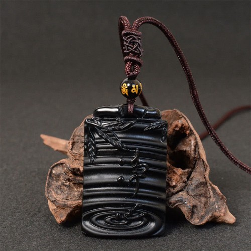 Black Obsidian Bamboo Fulfillment Necklace Pendant Black Obsidian Bamboo Fulfillment Necklace Pendant