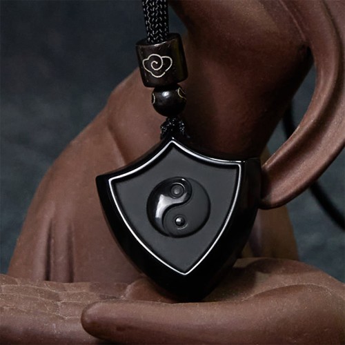 Black Obsidian Shield Yin Yang Strength Necklace Pendant Black Obsidian Shield Yin Yang Strength Necklace Pendant