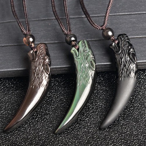 Black Obsidian Wolf Tooth Strength Necklace Pendant Black Obsidian Wolf Tooth Strength Necklace Pendant