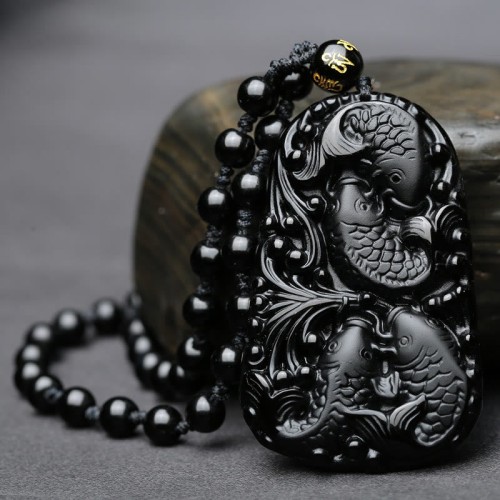 Black Obsidian Koi Fish Strength Beaded Necklace Black Obsidian Koi Fish Strength Beaded Necklace
