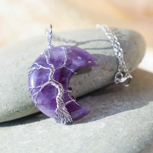 Natural Quartz Crystal Moon Tree Healing Necklace