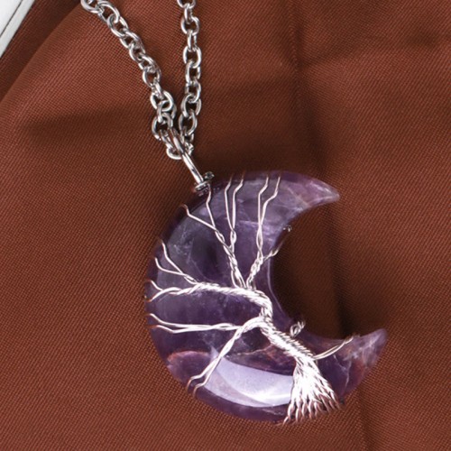 Natural Quartz Crystal Moon Tree Healing Necklace