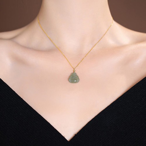 925 Sterling Silver Hetian Jade Cyan Jade Laughing Buddha Necklace Pendant 925 Sterling Silver Hetian Jade Cyan Jade Laughing Buddha Necklace Pendant