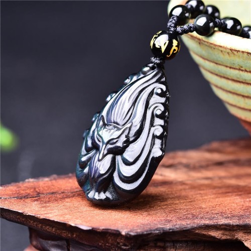 Rainbow Obsidian Nine-Tailed Fox Peace Necklace Pendant