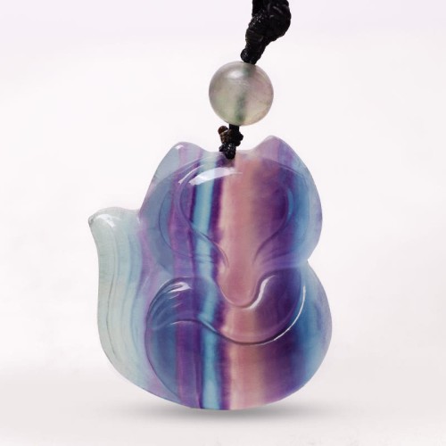 Natural Fluorite Gold Sheen Obsidian Fox Pendant Necklace