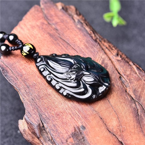Rainbow Obsidian Nine-Tailed Fox Peace Necklace Pendant