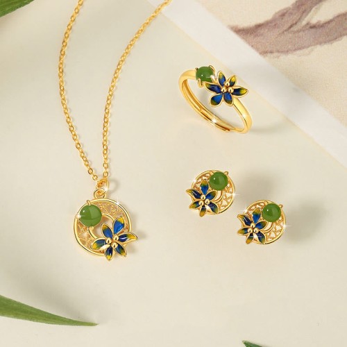 925 Silver Hetian Cyan Jade Flower Luck Necklace Set 925 Silver Hetian Cyan Jade Flower Luck Necklace Set