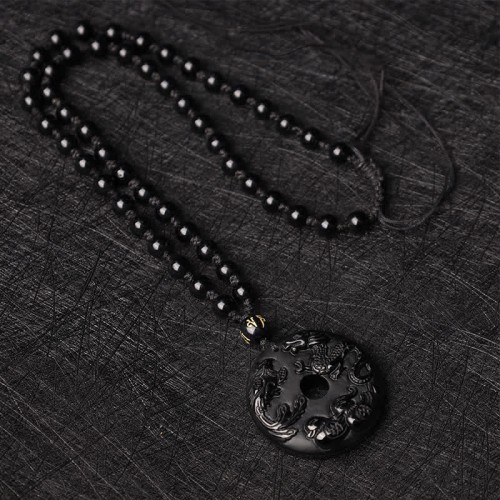 Black Obsidian Dragon Phoenix Luck Necklace