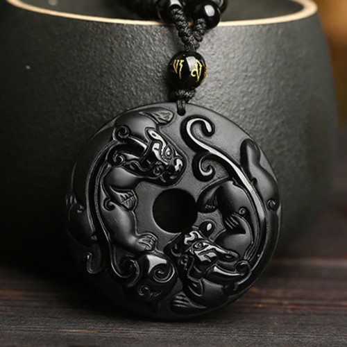 Black Obsidian Pixiu Bead Rope Strength Necklace Pendant Black Obsidian Pixiu Bead Rope Strength Necklace Pendant