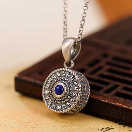 925 Sterling Silver Om Mani Padme Hum Lazurite Necklace