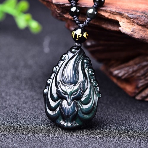 Rainbow Obsidian Nine-Tailed Fox Peace Necklace Pendant