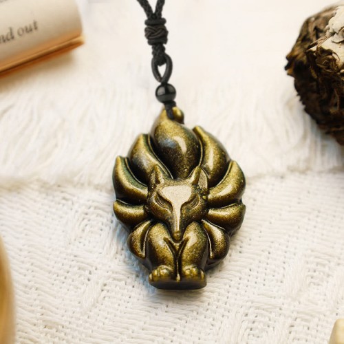 Natural Fluorite Gold Sheen Obsidian Fox Pendant Necklace