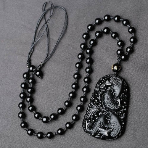 Black Obsidian Koi Fish Strength Beaded Necklace Black Obsidian Koi Fish Strength Beaded Necklace