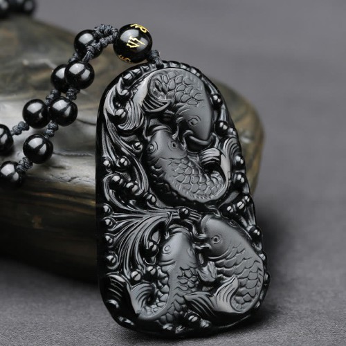 Black Obsidian Koi Fish Strength Beaded Necklace Black Obsidian Koi Fish Strength Beaded Necklace
