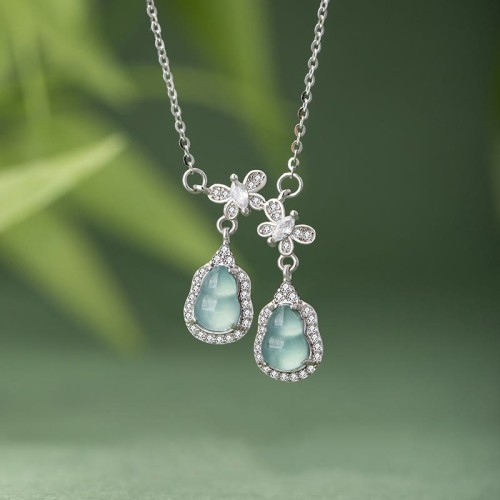 Sterling Silver Green Jade Gourd Butterfly Luck Necklace