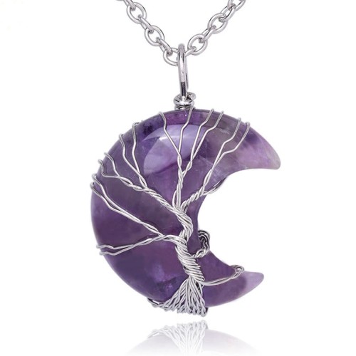Natural Quartz Crystal Moon Tree Healing Necklace
