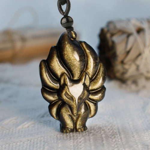 Natural Fluorite Gold Sheen Obsidian Fox Pendant Necklace