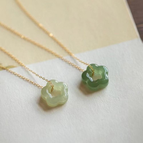 Hetian Jade Cyan Jade Floral Charm Necklace Pendant